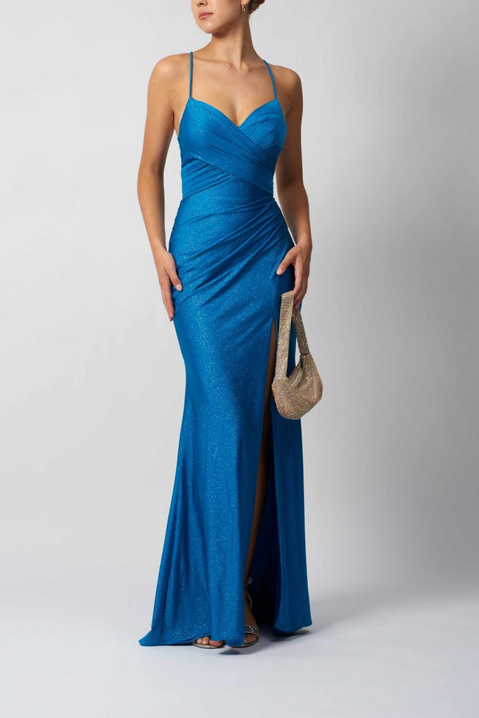 Airforce Blue Lace-up Evening Gown with pleated bodice, thigh-high slit, and glitter finish, perfect for prom or red-carpet events.