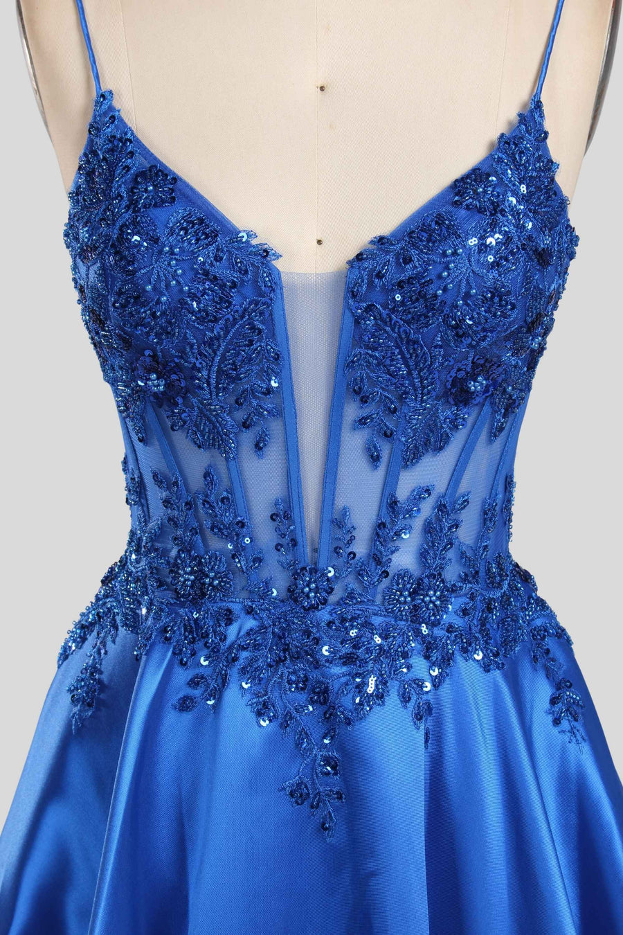 Lace Bodice Satin Evening Gown – Portia Collection in royal blue with sequin floral embroidery, deep V-neckline, and spaghetti straps.