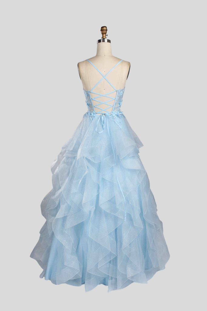 Jessica Stuart 3D Flowers Gown with lace-up criss-cross back and tiered ruffled tulle skirt in pastel blue, ideal for quinceaneras and proms.