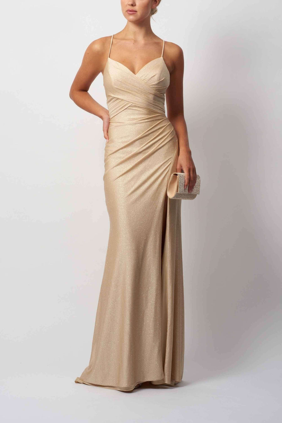 Champagne corset prom long dress with pleated bodice, thin straps, and thigh-high slit. Flattering lace-up gown ideal for formal events.