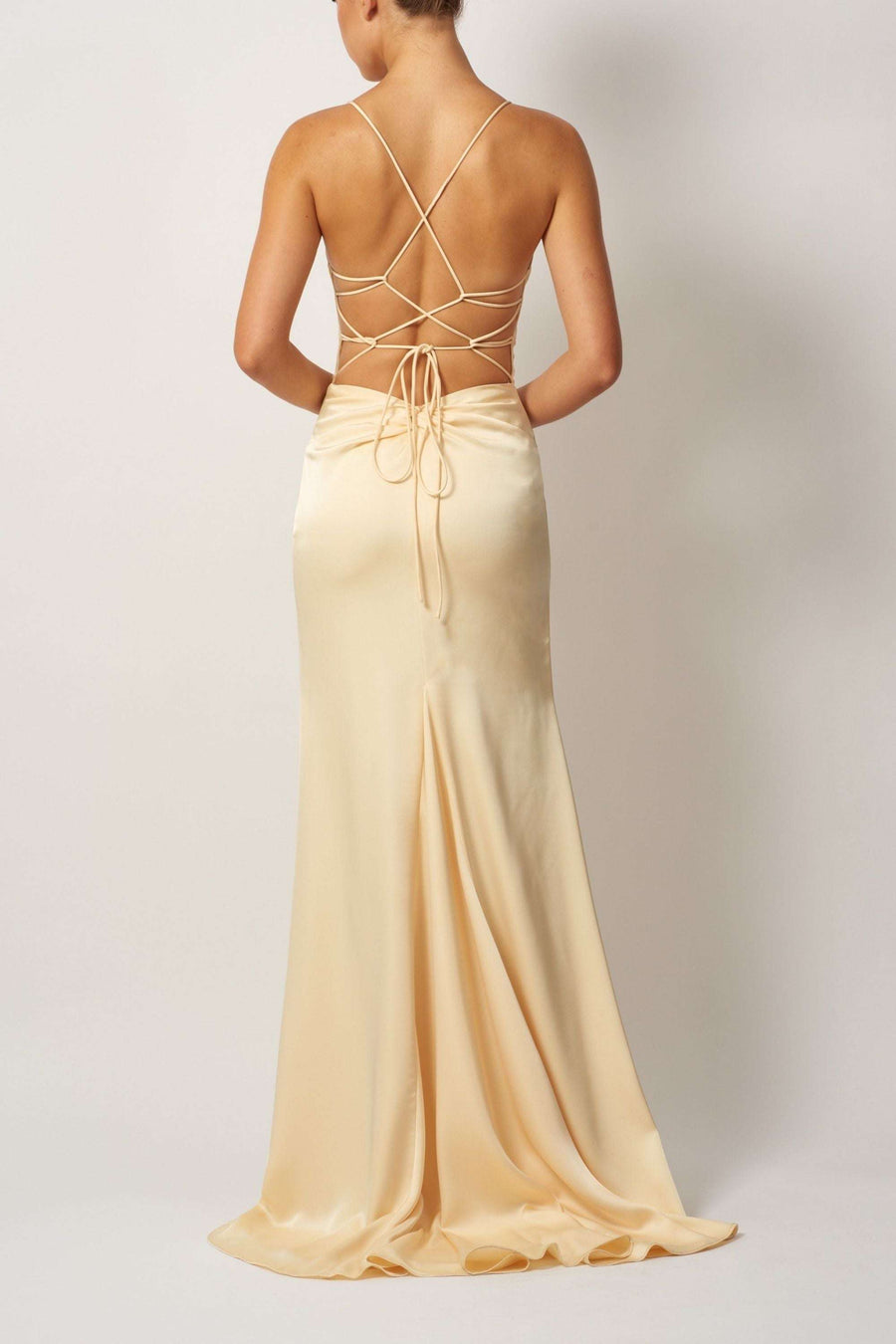 Yellow Satin Slip Dress Mascara MC192017 with crisscross open back and floor-length hem. Formal fit ideal for prom, evening, or red carpet events.