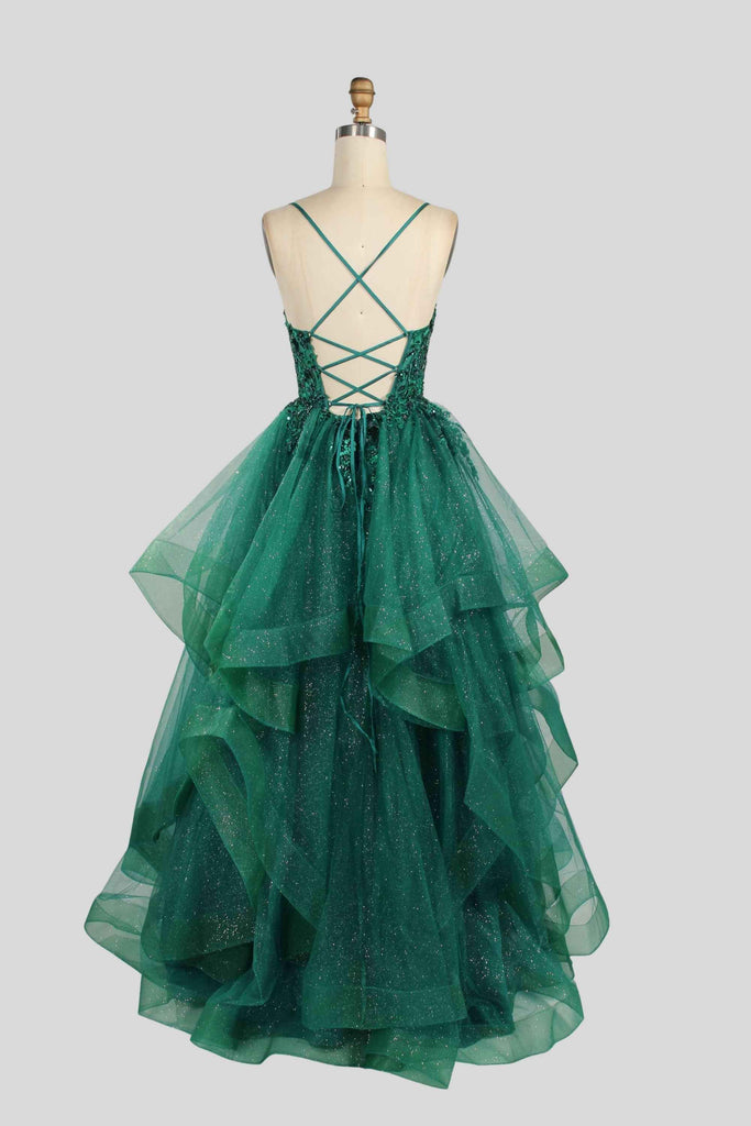 Back view of Jessica Stuart Hailey Tiered Ruffled Ball Gown 33231 in glittery green tulle with lace-up corset. Ideal for quinceanera or prom events.