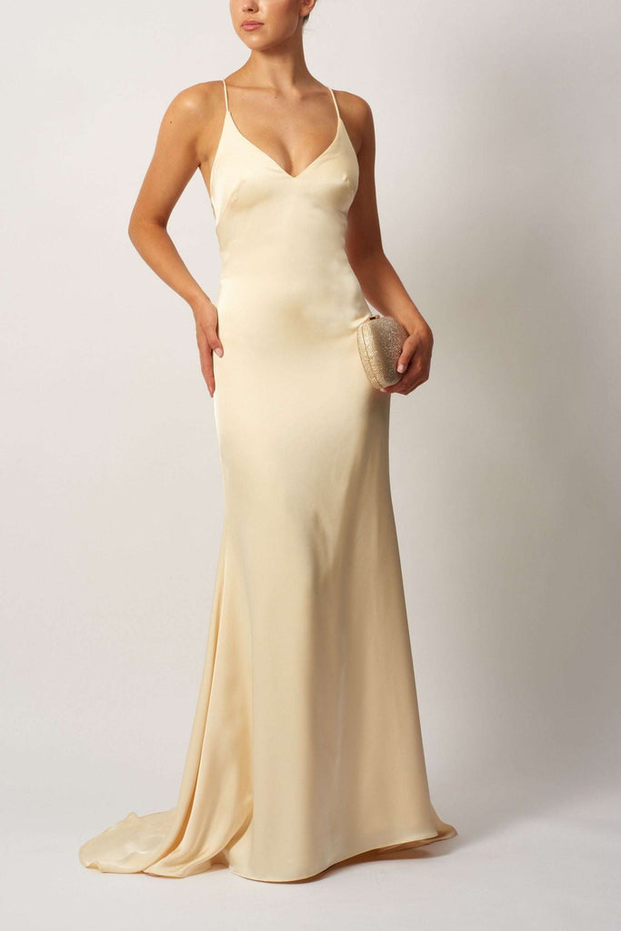 Yellow Satin Slip Dress Mascara MC192017 featuring a formal fit and V-neck design. Elegant long evening gown ideal for prom or red carpet events.