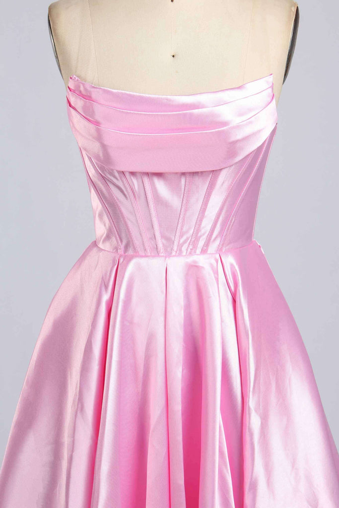 Carmen Satin Gown with Pockets in elegant pink satin featuring a structured bodice, pleated neckline, and flowing A-line skirt for formal events.