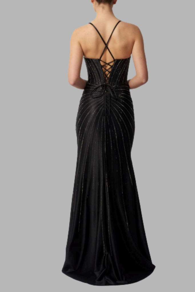 Back view of MC12512 Dress - Black Jersey Diamond shows crisscross straps and shimmering embellishments, perfect for formal occasions or bridesmaids.