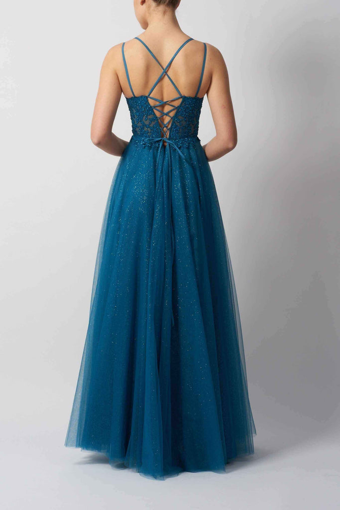 Tulle Ballgown MC124431 in teal with tie-back detail and glitter finish, ideal for prom or bridesmaid wear. Features crisscross straps and lace bodice.