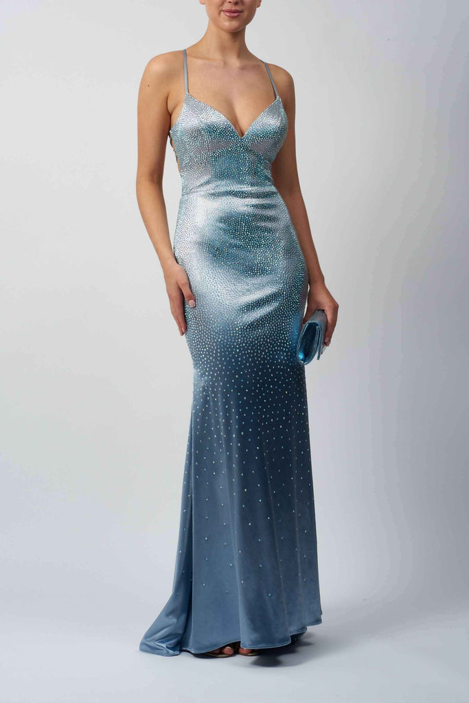 Mascara MC11327 Dress - Satin Evening Backless in icy blue with crystal embellishments, a glamorous pick for new arrivals in prom dresses.