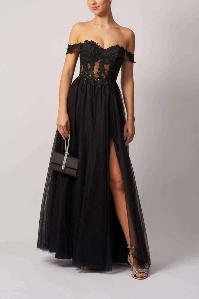 Lace Bardot Tulle Dress MC182509 in black with off-shoulder lace bodice, see-through corset, and full tulle skirt with thigh-high slit.