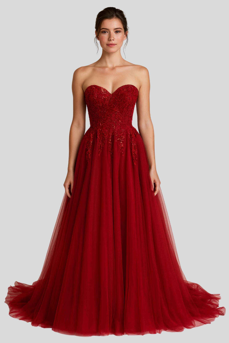 Jessica Stuart Luna strapless sequin ballgown in wine red with sweetheart neckline and flowing tulle skirt, ideal for prom or evening events.