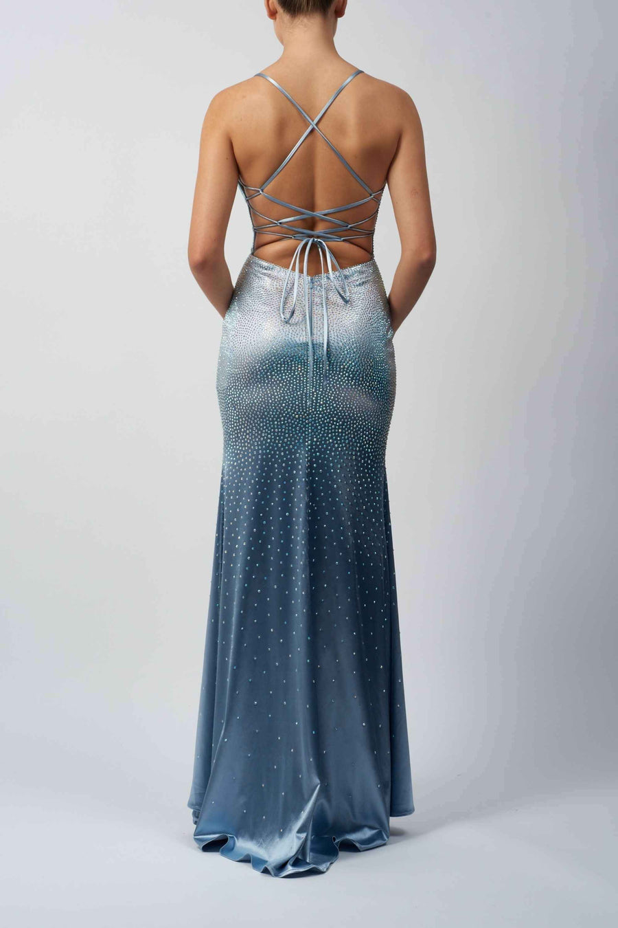 Back view of Mascara MC11327 Dress - Satin Evening Backless in icy blue, showcasing crisscross strap design and elegant fit.