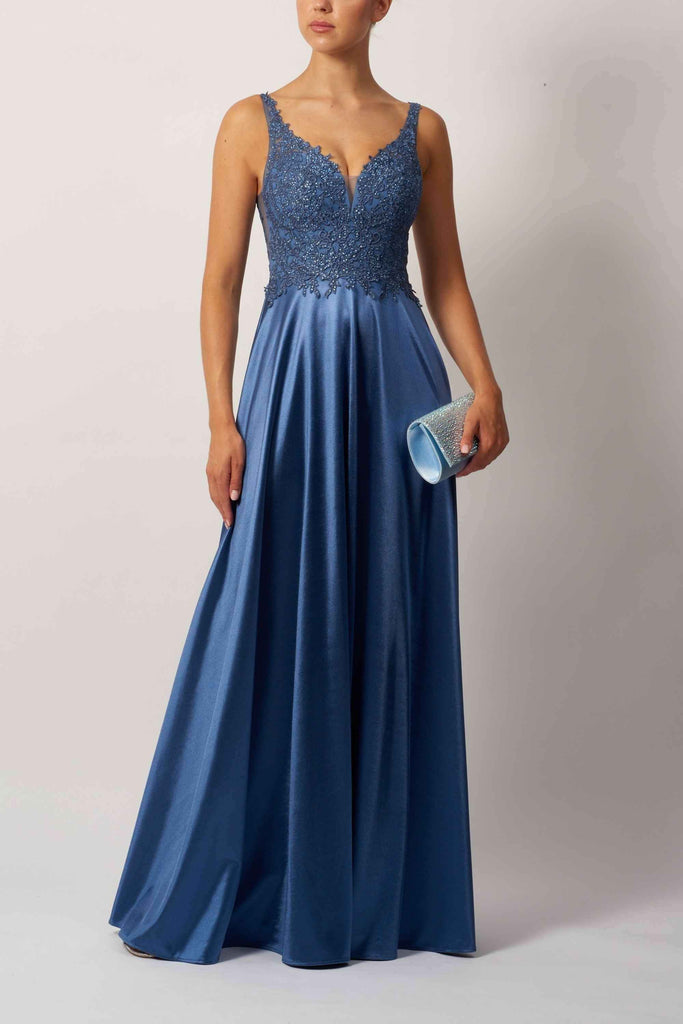 London MC124412 satin bridesmaid dress in deep blue with lace bodice and flowing silhouette fit. Elegant choice for weddings and formal events.