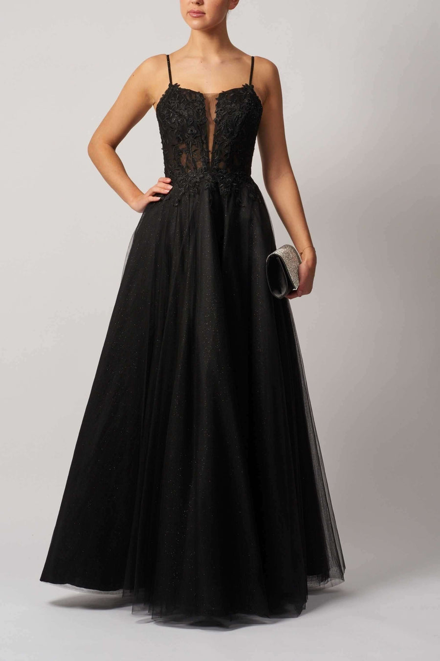 Black Tulle Glitter Ballgown MC119511 - 2026 Fashion featuring a plunging neckline, lace bodice, and full tulle skirt. Ideal for prom or red carpet events.