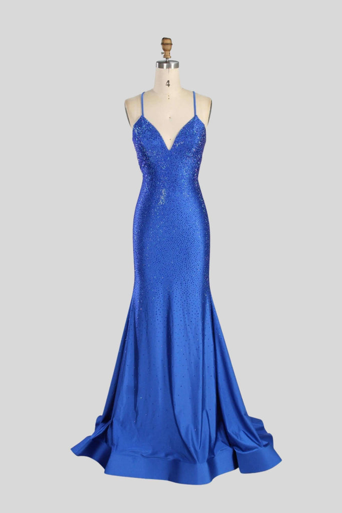 Poppy Prom Dress - Rhinestone Long Prom 2026 in royal blue satin with thin straps and a fitted silhouette, perfect for red carpet or gala events.