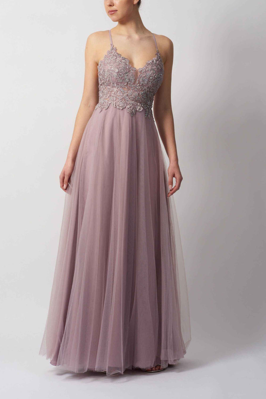 Mascara MC114410 Navy Tie Back Tulle prom dress with floral lace bodice and flowing tulle skirt, ideal for prom or formal events.