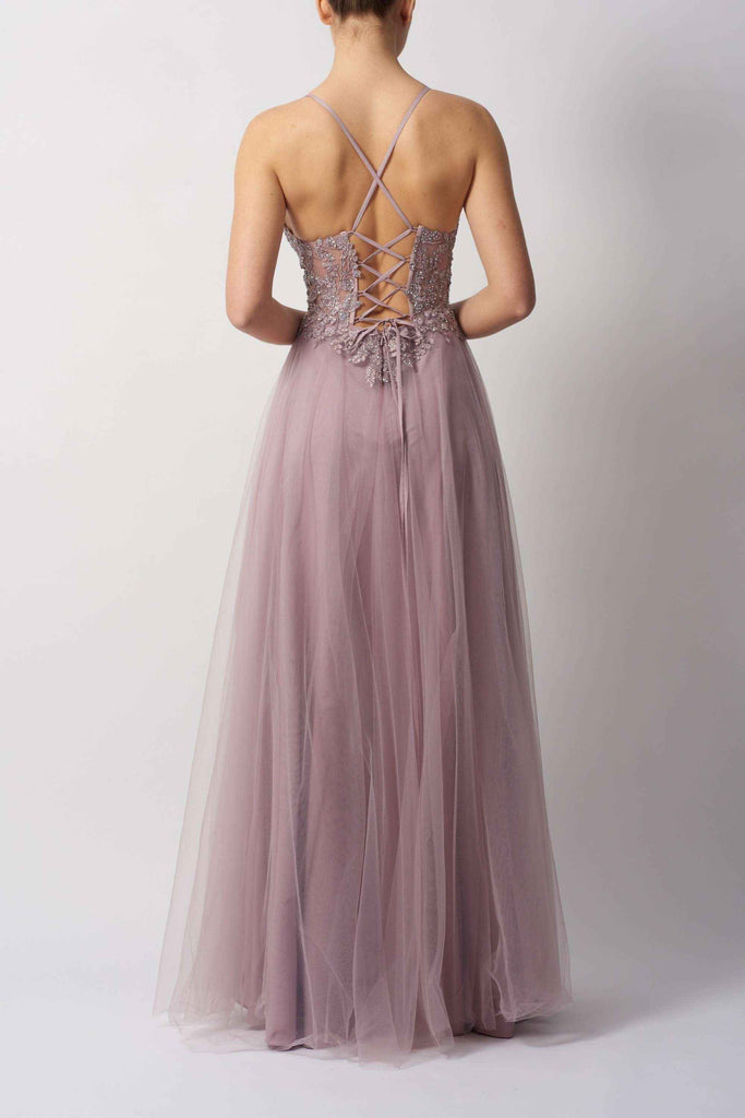 Back view of Mascara MC114410 Navy Tie Back Tulle prom dress featuring adjustable lace-up straps and elegant tulle overlay.