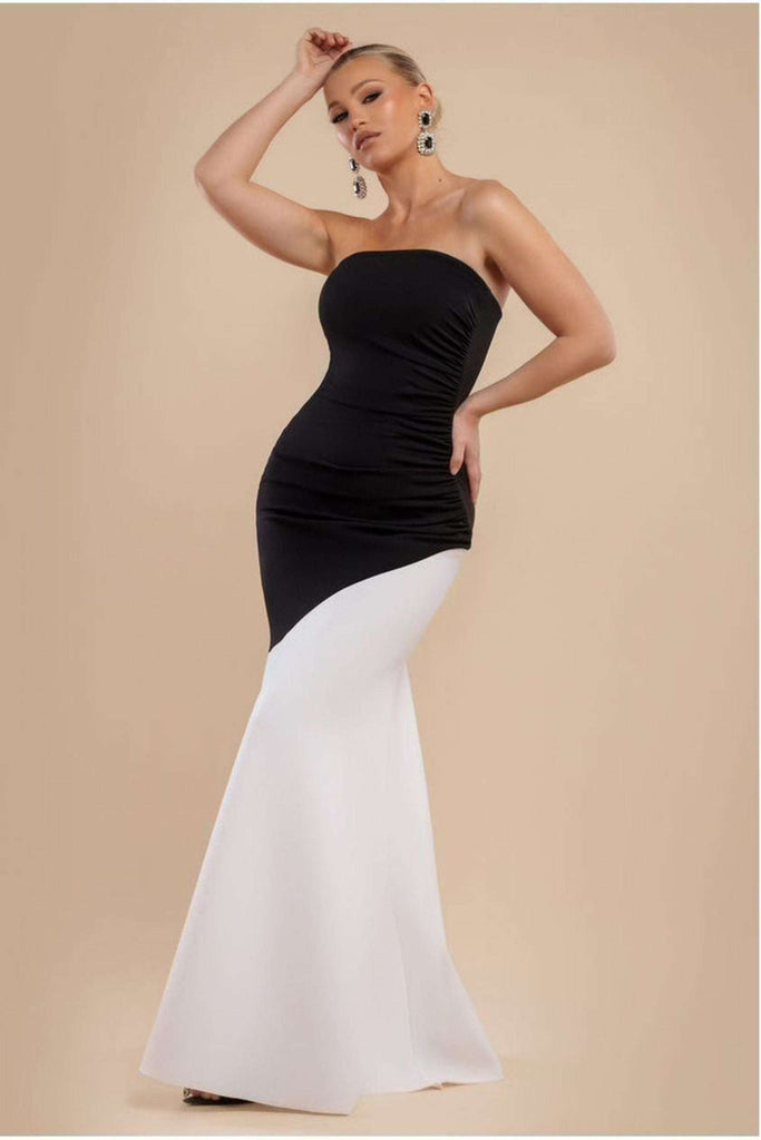 Goddiva Maxi Dress - Sleeveless Mermaid Hem in black and cream with a strapless fitted bodice and flared monochrome skirt, perfect for eveningwear.