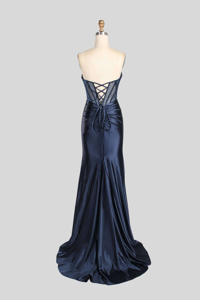 Annabelle Strapless Gown in navy satin with lace-up corset back and ruched detailing, ideal for weddings or black tie galas.
