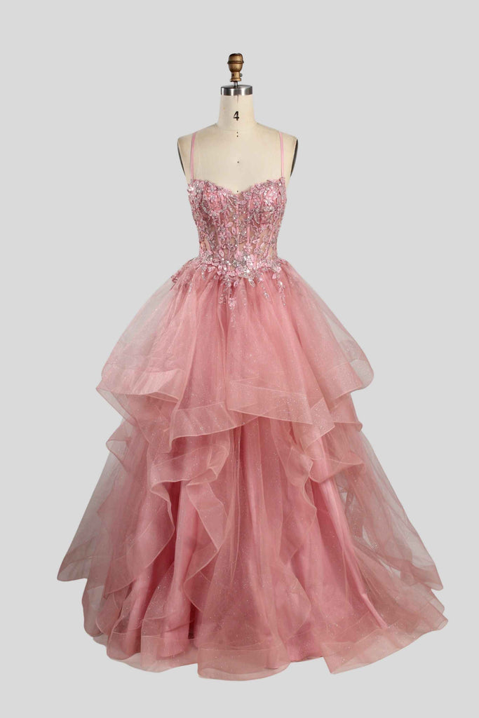 Jessica Stuart Hailey Tiered Ruffled Ball Gown 33231 in blush pink with glitter tulle and floral lace bodice, ideal for quinceanera boutiques.