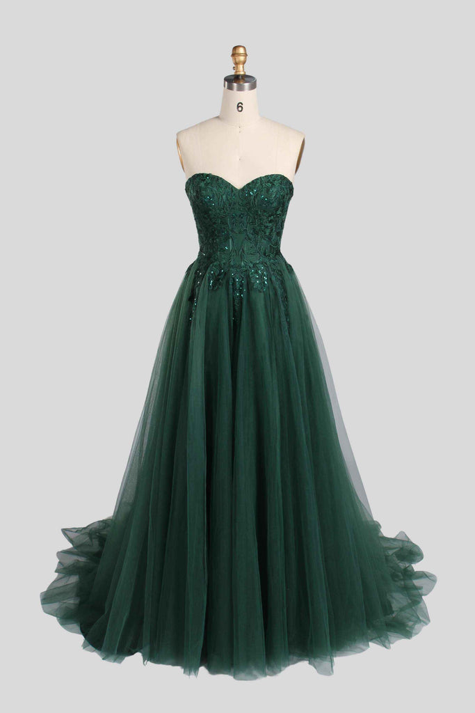 Jessica Stuart Luna strapless sequin ballgown in emerald green with sweetheart neckline and layered tulle skirt, ideal for prom or evening events.