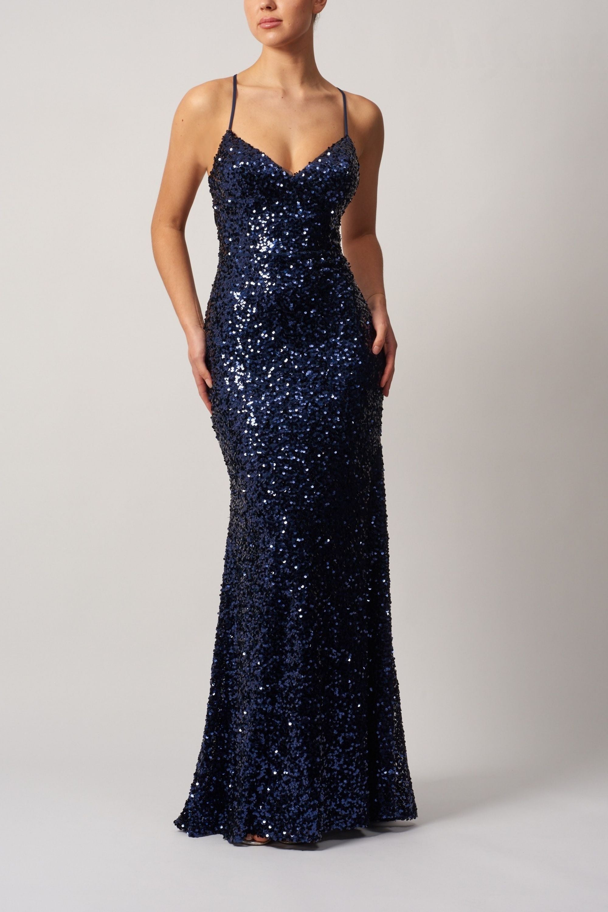 MC11345 Tie Back Gown - Sequin Navy Dress | Dance Ready MC11345 Tie Back Gown - Sequin Navy Dress | Dance Ready