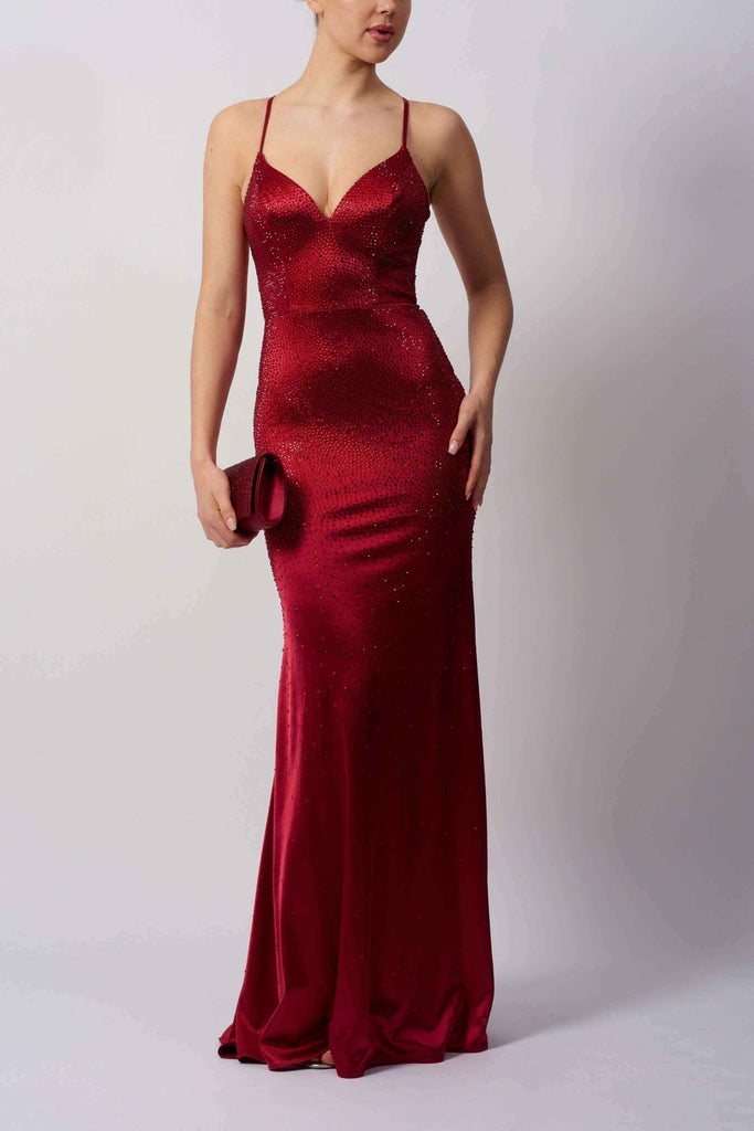 Mascara MC11327 Dress - Satin Evening Backless in deep red with crystal embellishments, ideal for prom or black-tie events.
