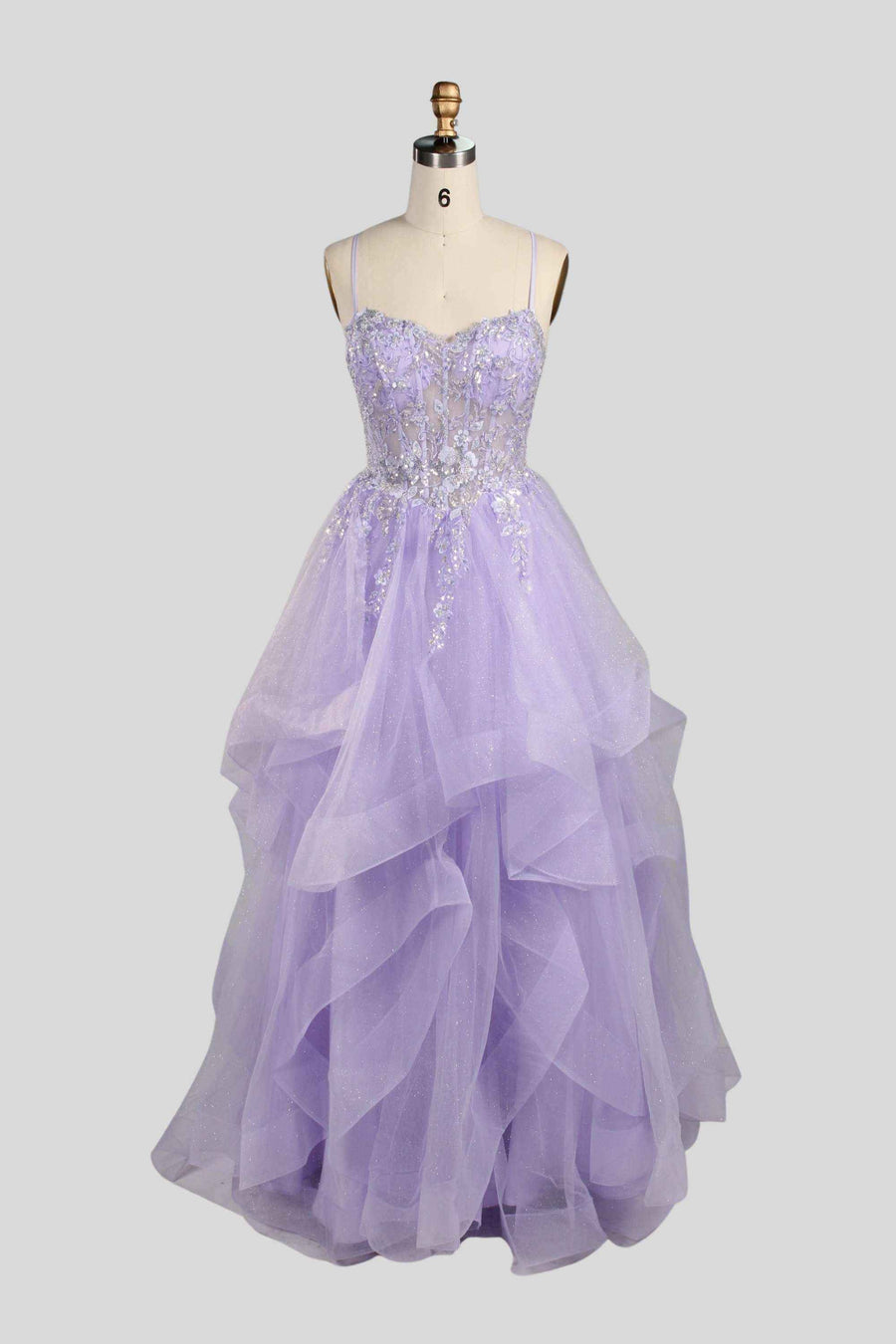 Jessica Stuart Hailey Tiered Ruffled Ball Gown 33231 in lilac with lace applique and glitter tulle layers, ideal for quinceanera boutiques.