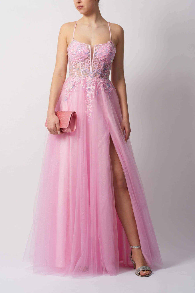 Backless Glitter Prom Dress - Mascara London MC114415 in pink with floral appliqué bodice, sheer paneling, and thigh-high slit, ideal for prom or parties.