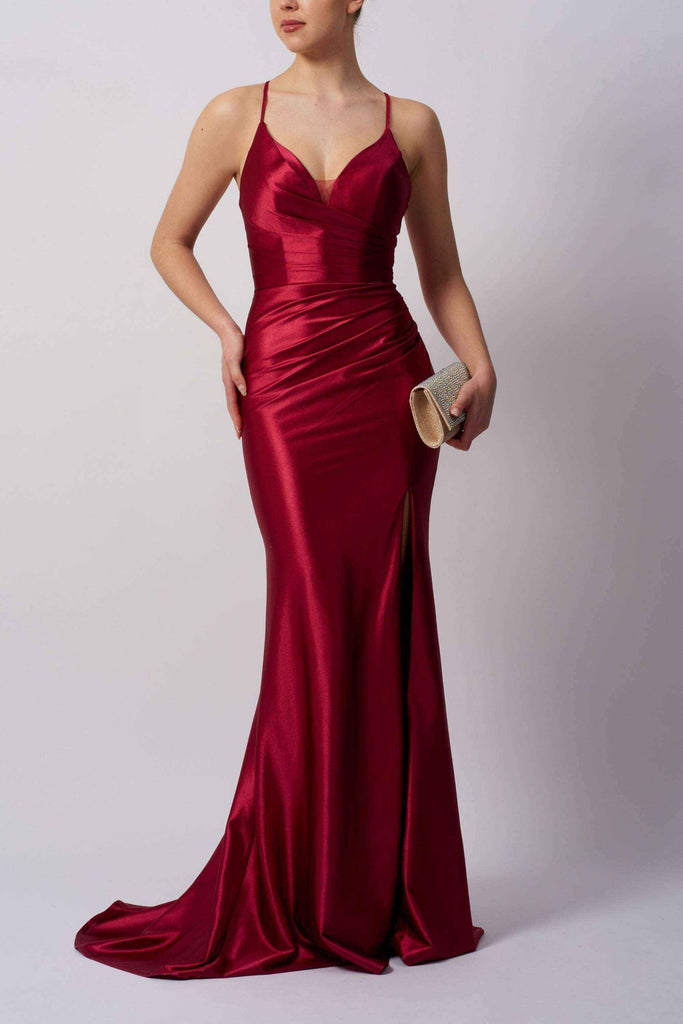Prom Dress MC119422-Tie Back Fitted in deep red satin with a thigh-high slit and spaghetti straps, ideal for special occasion wear.