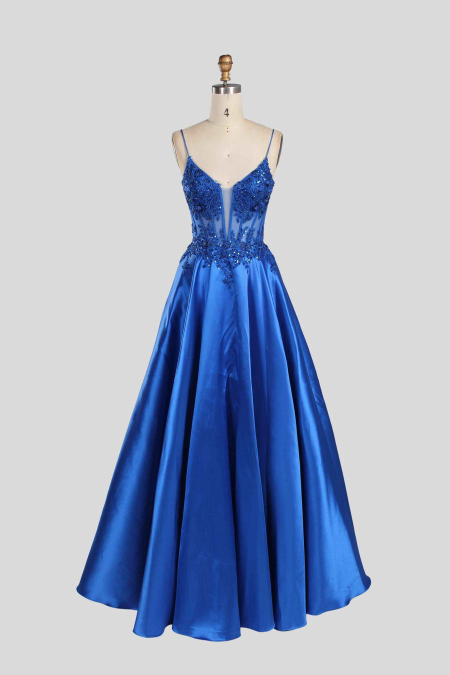 Lace Bodice Satin Evening Gown from the Portia Collection in royal blue with spaghetti straps, deep V-neckline, and sequin embellishments.