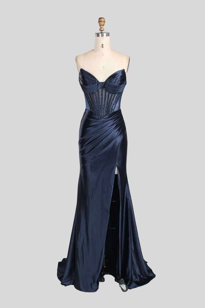 Annabelle Strapless Gown in navy satin with crystal-embellished corset bodice, sweetheart neckline, and thigh-high slit for weddings or galas.