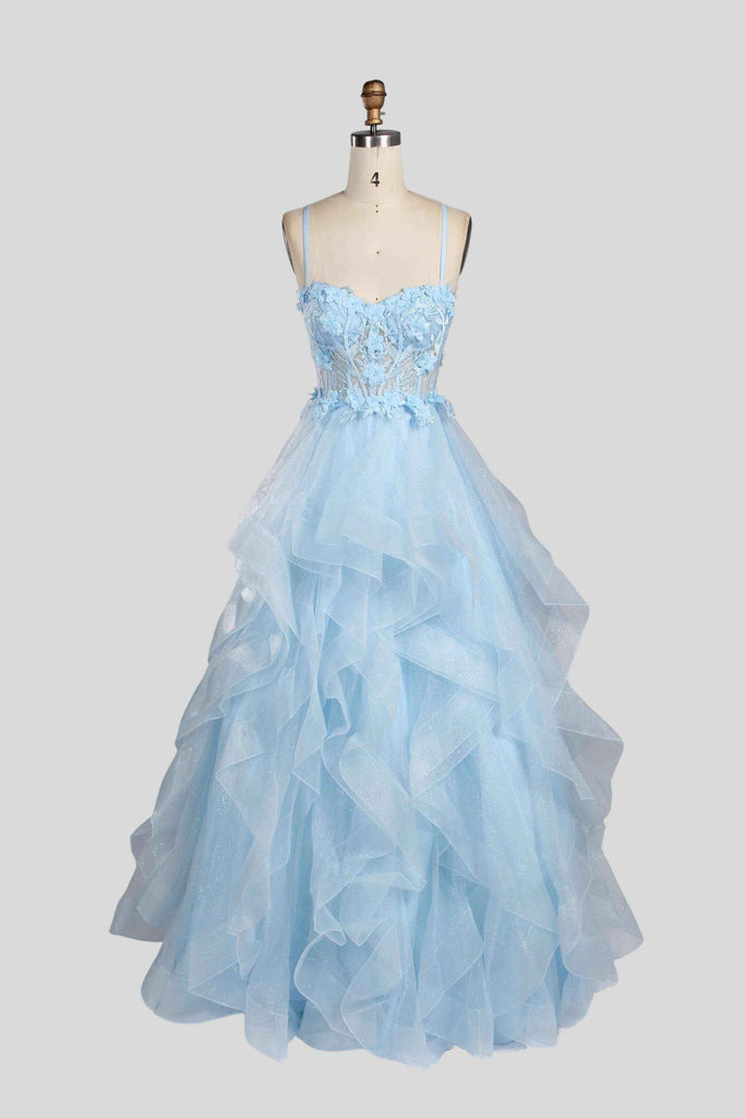 Jessica Stuart 3D Flowers Gown featuring a lace bodice, criss-cross back, and tiered ruffled tulle skirt in pastel blue. Ideal for quinceaneras or prom.