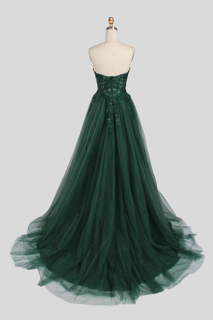 Back view of Jessica Stuart Luna strapless sequin ballgown in emerald green with flowing tulle skirt, ideal for prom or evening events.