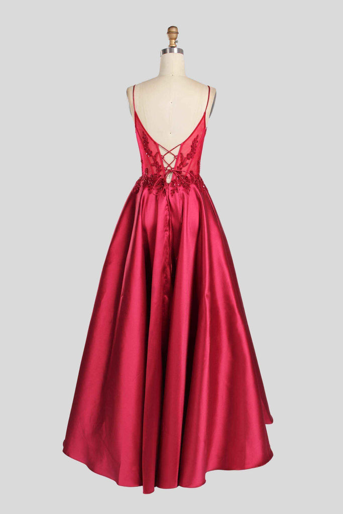 Back view of Jessica Stuart Portia Lace Bodice Satin Evening Gown 33158 in deep red with lace-up detail and floral lace bodice. Ideal for proms or galas.