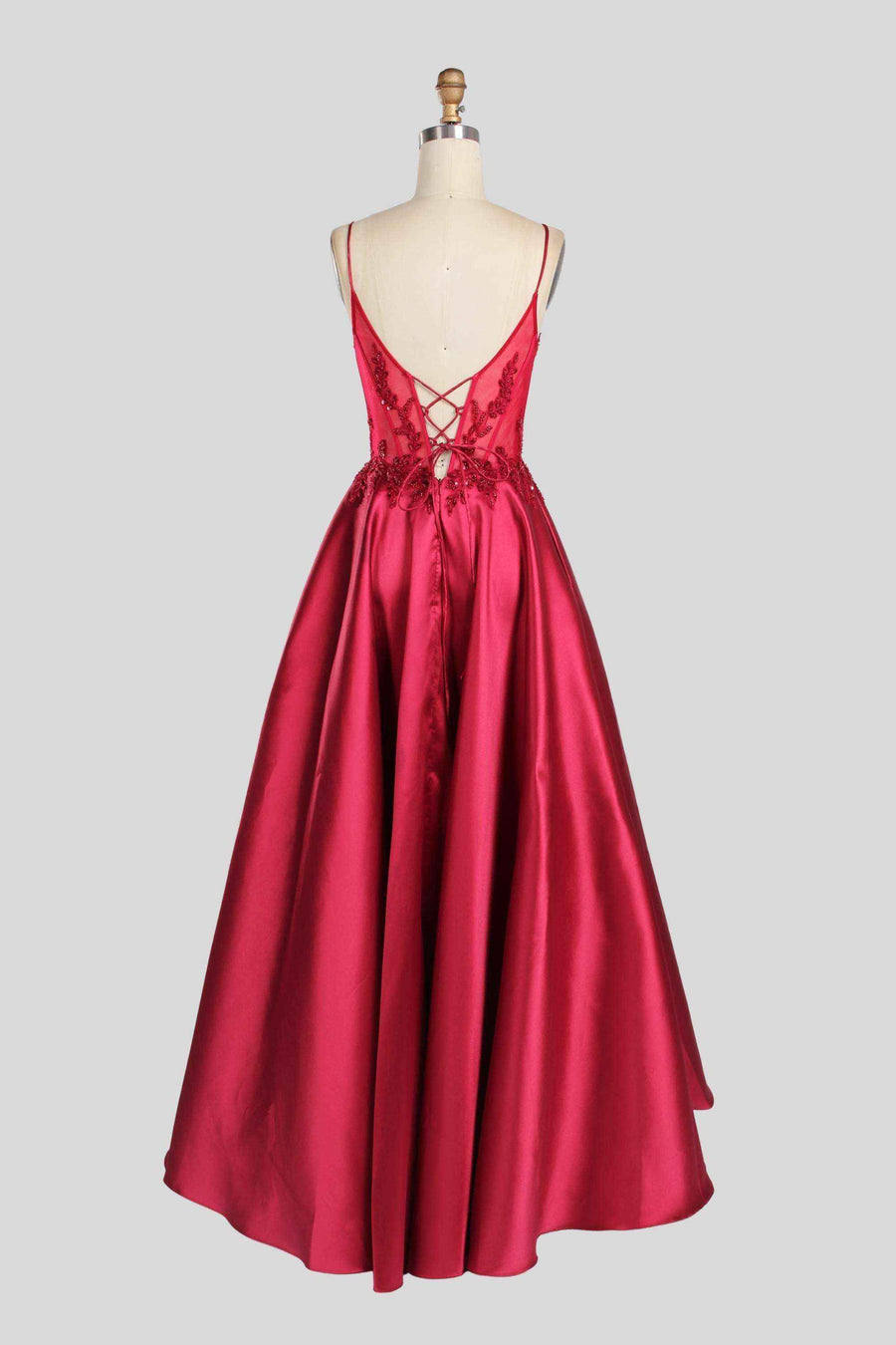 Back view of Jessica Stuart Portia Lace Bodice Satin Evening Gown 33158 in deep red with lace-up detail and floral lace bodice. Ideal for proms or galas.