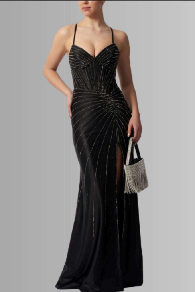 MC12512 Dress - Black Jersey Diamond features a sleek silhouette with a sweetheart neckline and thigh-high slit, ideal for prom or evening events.