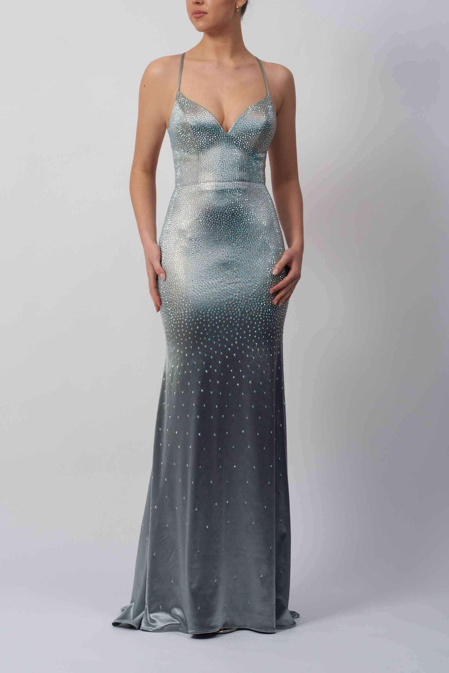 Mascara MC11327 Dress - Satin Evening Backless in silver-grey with gradient rhinestone design, ideal for bridesmaids or formal wear.