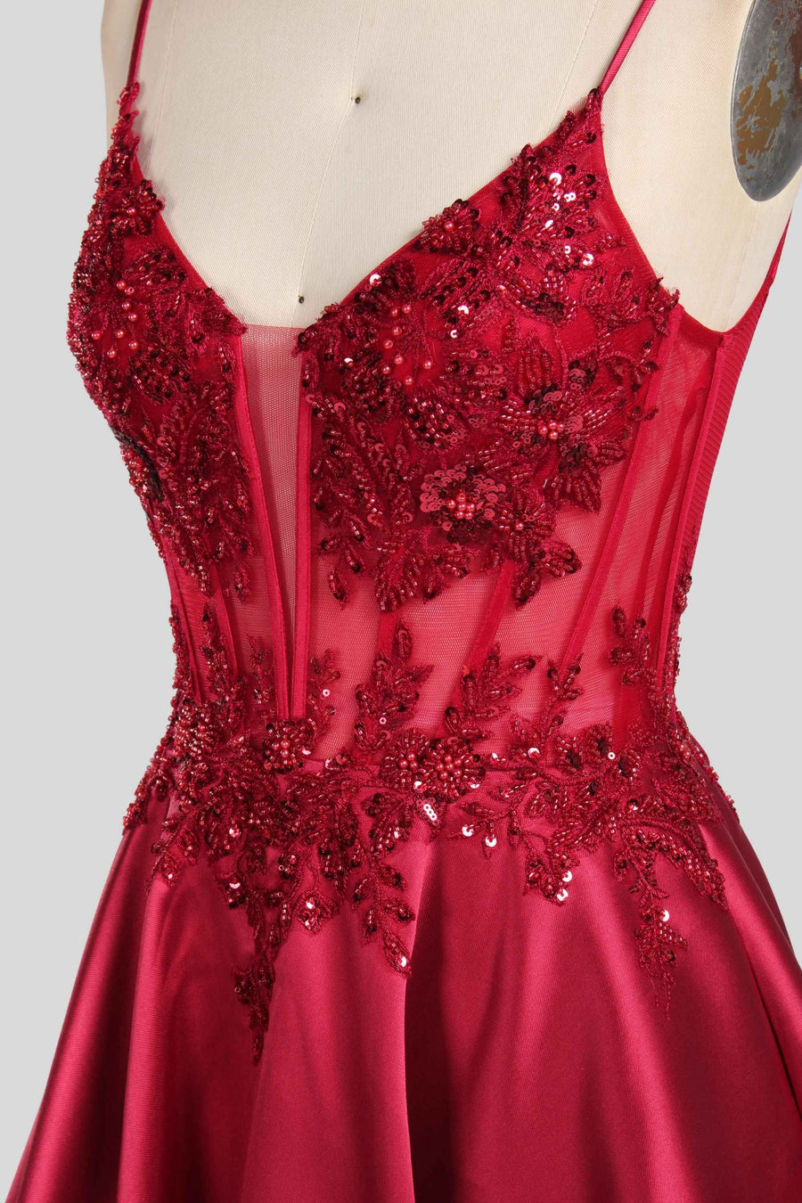 Lace Bodice Satin Evening Gown – Portia Collection featuring red floral lace embroidery, sequins, and a deep V-neckline with spaghetti straps.