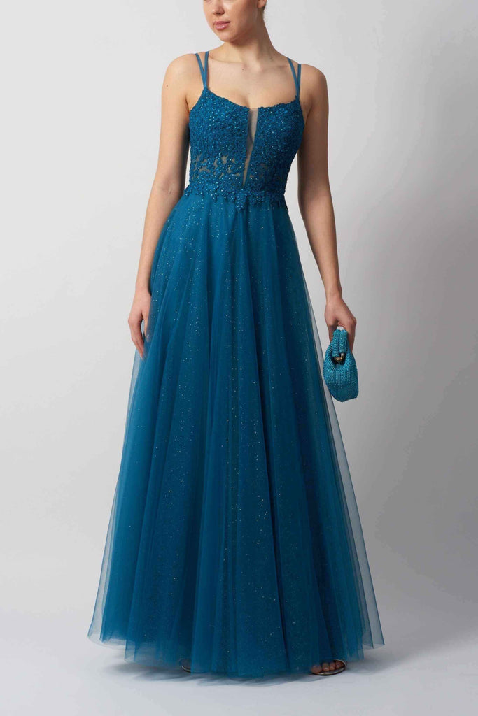 Tulle Ballgown MC124431 in teal with tie-back design, featuring a glittery skirt and lace bodice. Ideal for prom or bridesmaid occasions.