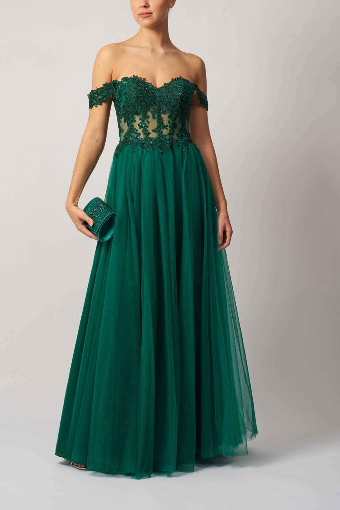 Lace Bardot Tulle Dress MC182509 in emerald green with off-shoulder lace corset bodice and full tulle skirt, ideal for evening events or balls.