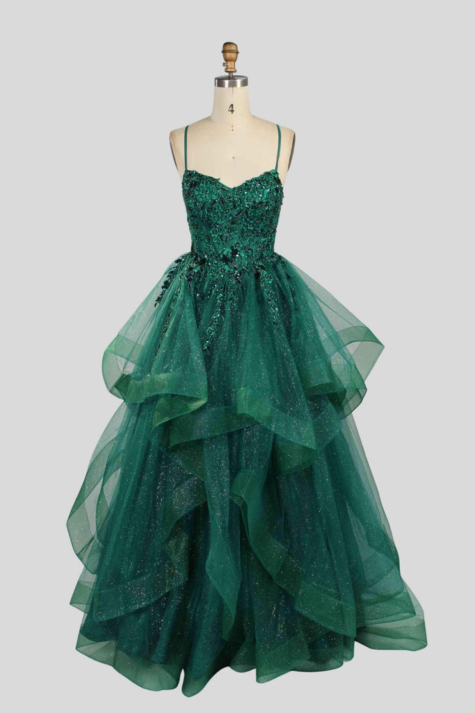 Jessica Stuart Hailey Tiered Ruffled Ball Gown 33231 in emerald green with lace bodice and layered glitter tulle skirt. Ideal for quinceanera boutiques.
