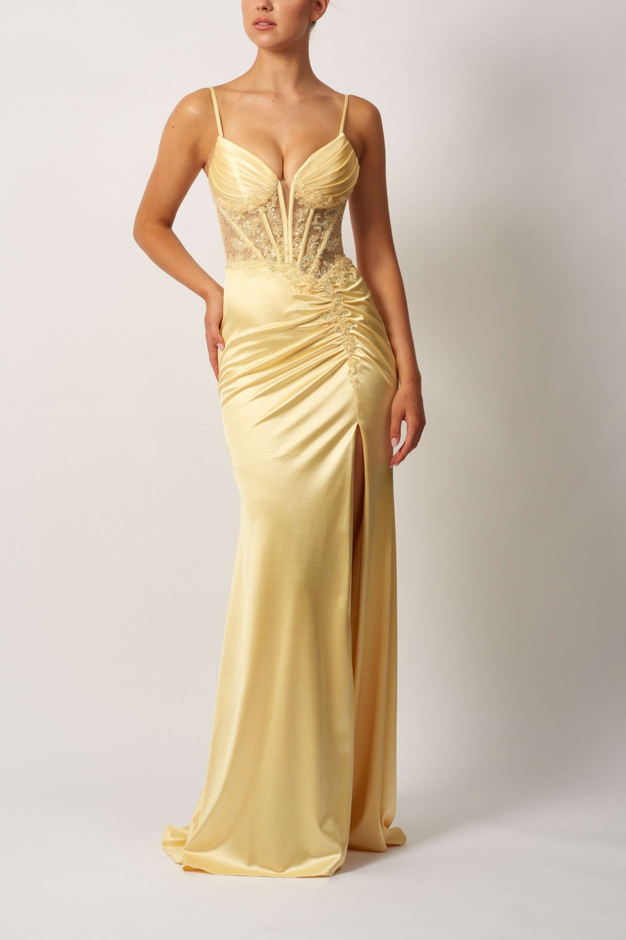 Corset Prom Dress Mascara - Yellow Elegance | Sleek Satin Design Corset Prom Dress Mascara - Yellow Elegance | Sleek Satin Design