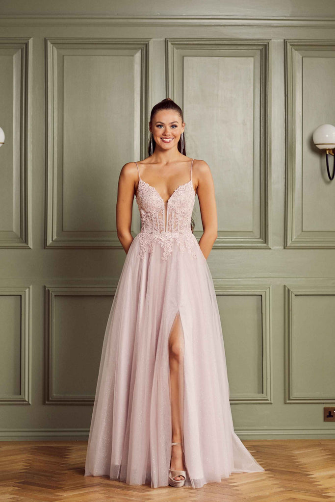 Tiffany's Prom High Slit Gown in heather pink with A-line silhouette, lace bodice, spaghetti straps, and thigh-high slit for formal events.