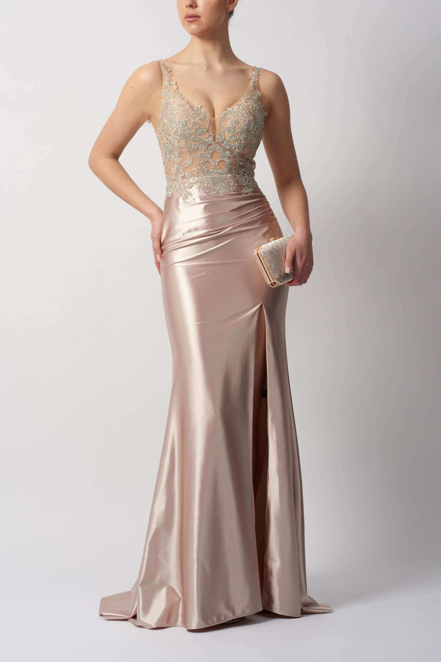 Elegant Jersey Dress - Mascara Champagne MC114411 with lace bodice and satin skirt, ideal for prom or bridesmaid occasions.