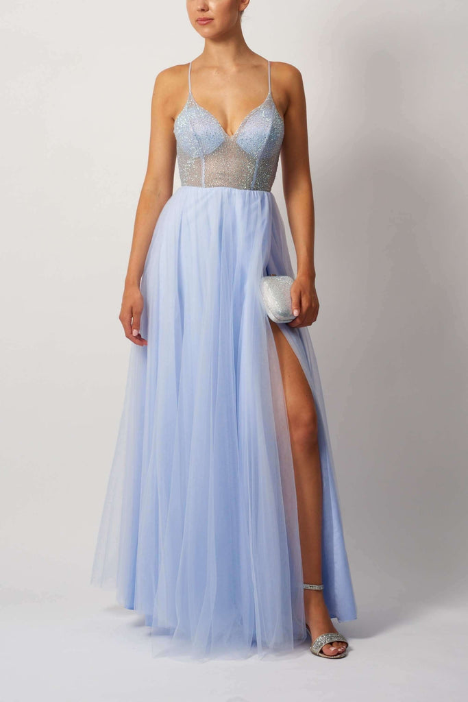 Mascara London Pink Ball Gown Prom Dress with beaded bodice and tulle skirt, featuring a thigh-high slit and spaghetti straps.