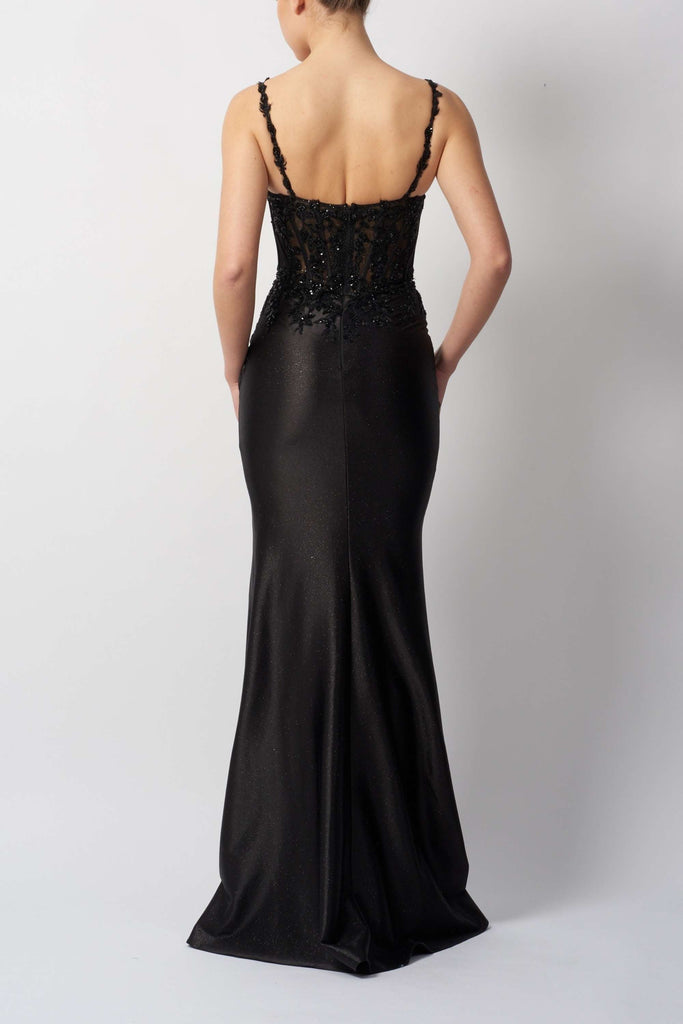 Back view of MC119528 Black Beaded Jersey Dress by Mascara featuring a fitted silhouette and elegant beaded detailing.
