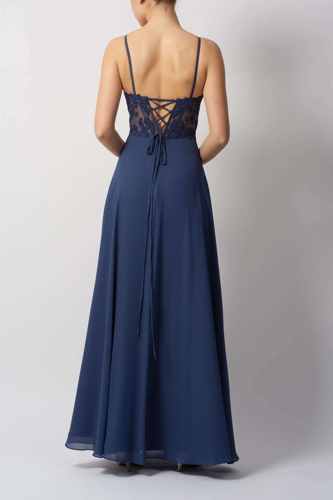 Back view of Mascara MC124420 Airforce Blue Chiffon Gown featuring lace-up corset detail and adjustable straps, ideal for formal events and proms.