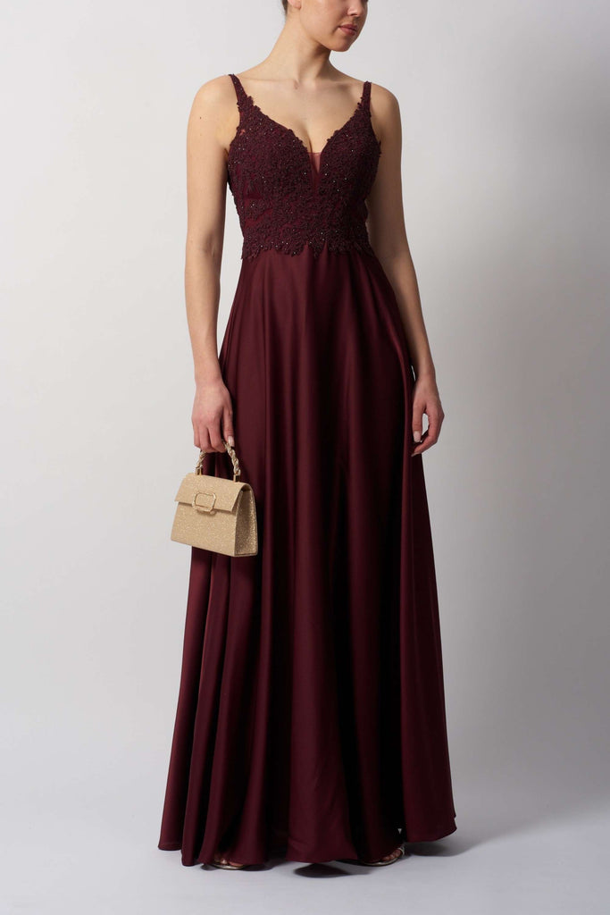 Burgundy - Mascara MC124410 EMB SATIN features a deep burgundy satin gown with lace bodice, ideal for bridesmaids or prom occasions.