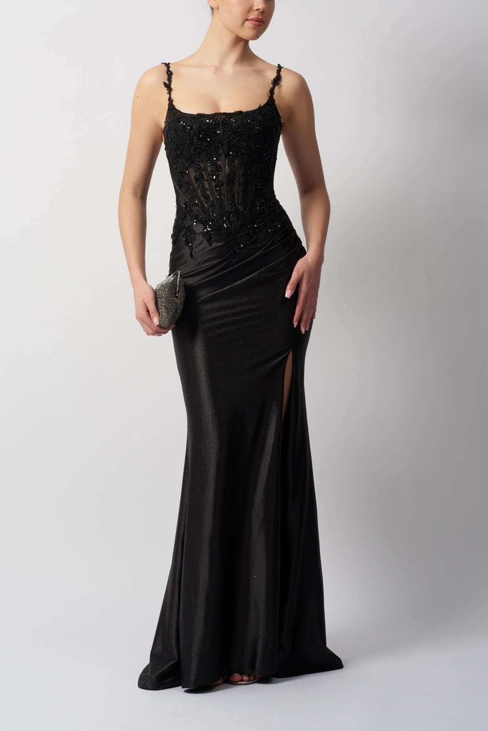 MC119528 Beaded Jersey Dress in black with intricate beaded bodice and thigh-high slit, perfect for prom or red carpet events.