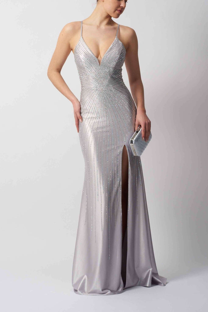 MC12511 Silver Satin Prom Dress - Diamonte by Mascara London with plunging neckline, thigh-high slit, and shimmering embellishments.