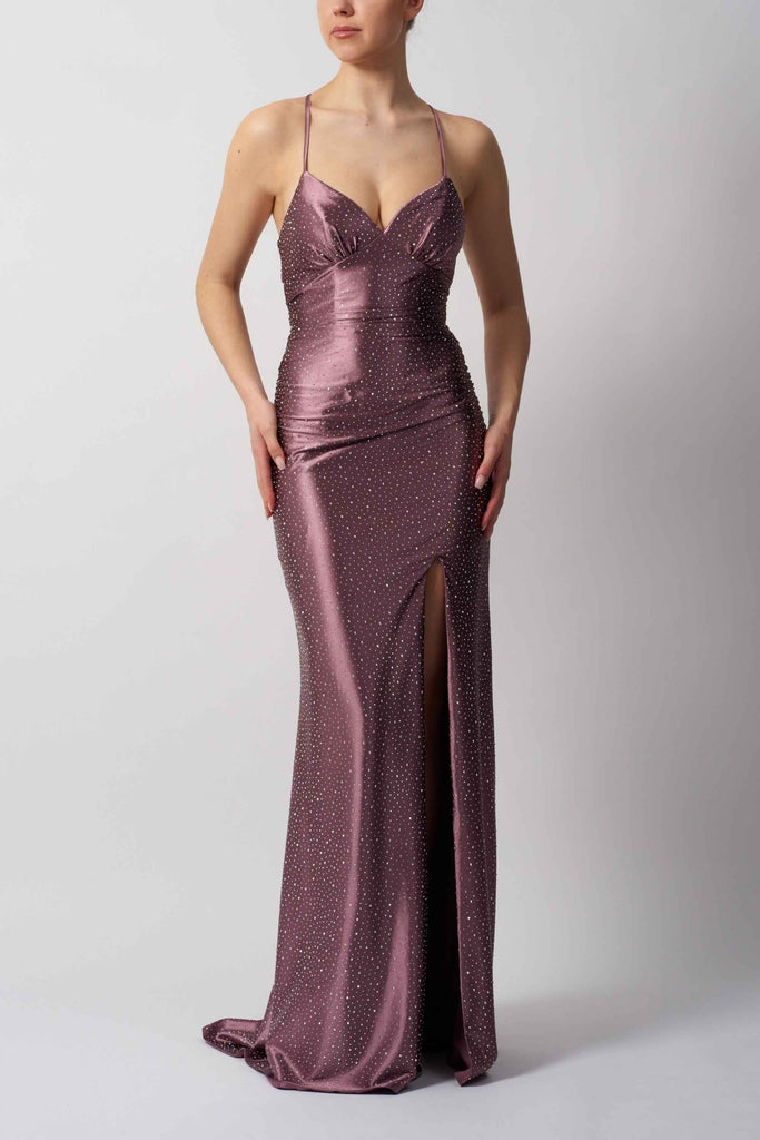 Mascara MC11515 Satin Gown - Navy Tie Back with ruched V-neck bodice, shimmering embellishments, and thigh-high slit, ideal for formal occasions.